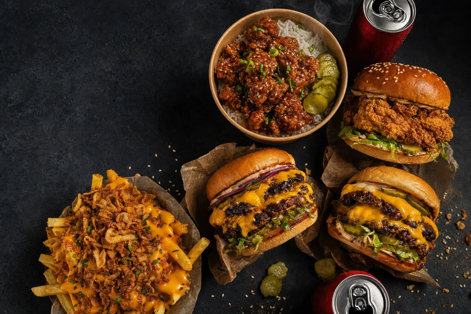 The Hoby spread: smash burgers, loaded fries, cookies